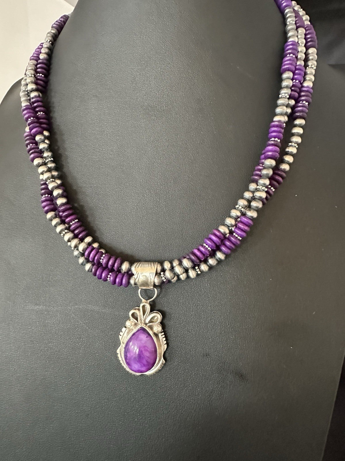 Navajo Sterling Silver 3 Strand Purple Stone Necklace Pendant 22” 19304