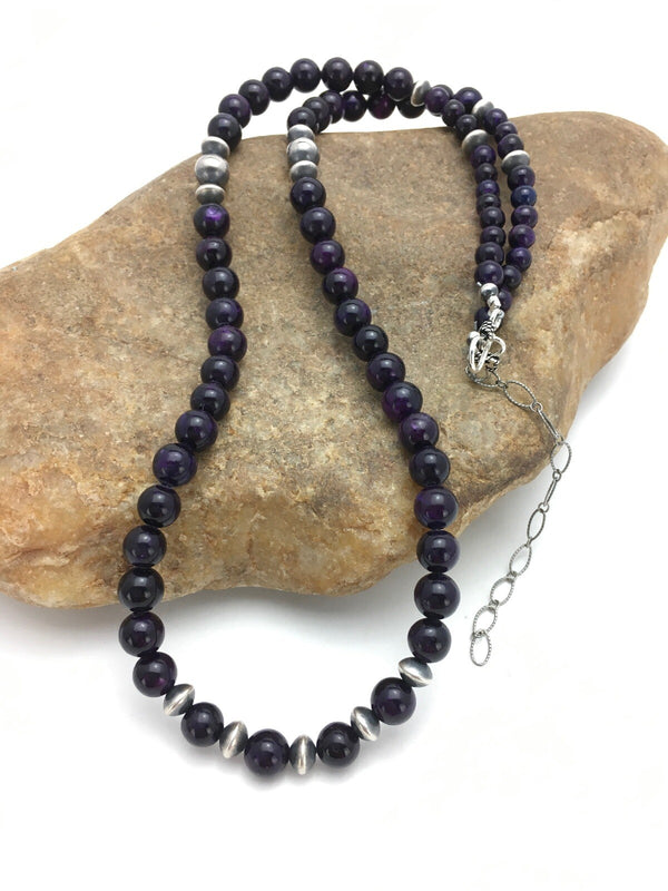 Purple Stone Round Bead Navajo Necklace | Sterling Silver | Authentic Native American Handmade | 08110