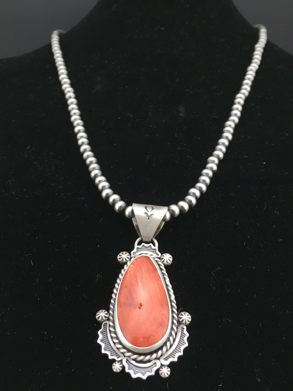 Orange Spiny Oyster Pendant Navajo Pearls Sterling Silver Necklace 1296