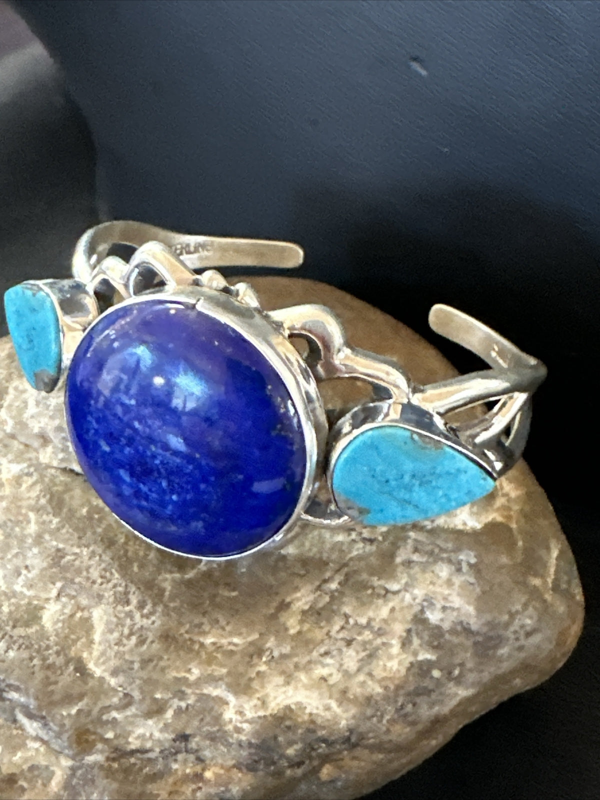 Kingman Turquoise Lapis Navajo Sterling Silver Tufa Cast Cuff Bracelet 17984