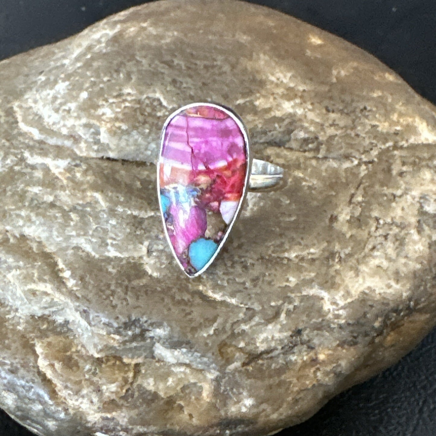 Blue Turquoise Spiny Oyster Southwestern Sterling Silver Ring Size 7 18425