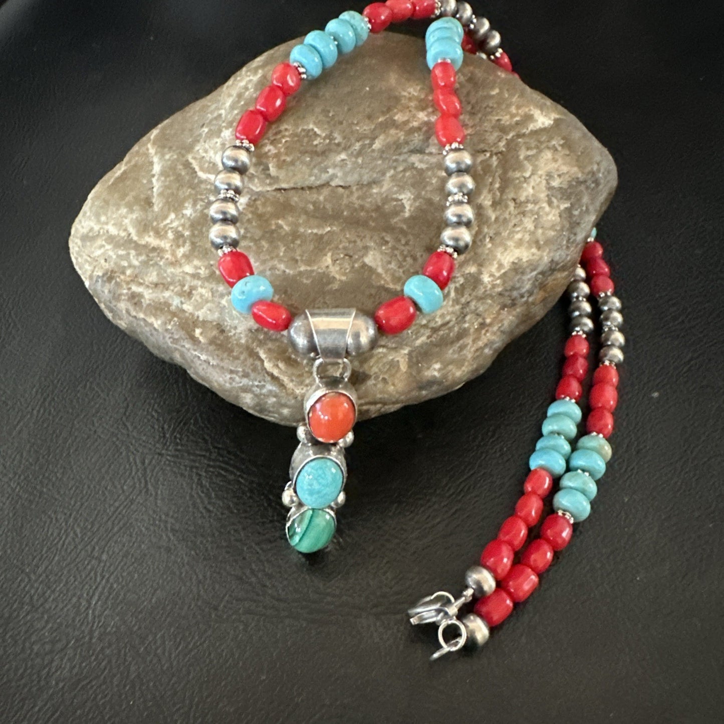 Multicolor Turquoise Coral Navajo Sterling Silver Cluster Pendant Necklace 19654