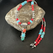 Multicolor Turquoise Coral Navajo Cluster Pendant Necklace | Sterling Silver | Authentic Native American Handmade | 19654