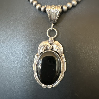 Mens Sterling Silver Beads Black Onyx Pendant Necklace 17992