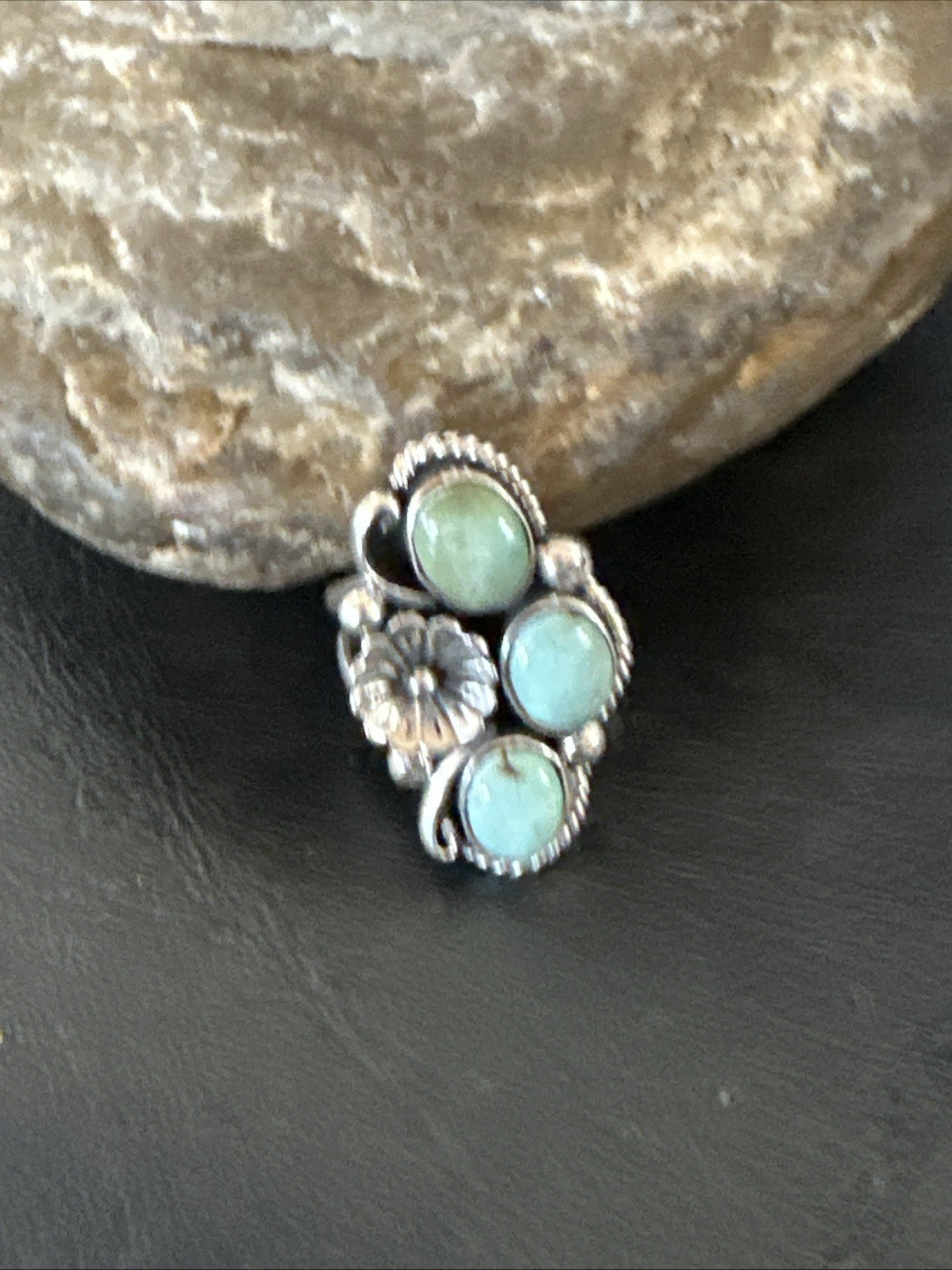 Yazzie Ring Green Turquoise Navajo Sterling Silver Cluster Size 8 19198