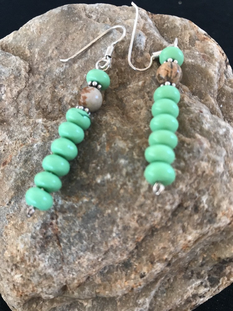 Native Navajo Sterling Silver Green Malachite Picture Jasper Earrings 10098