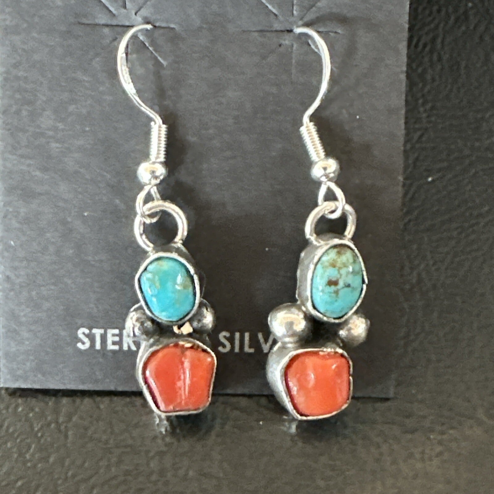 Handmade Blue Turquoise Red Coral Sterling Silver Navajo Dangle Earrings 18840