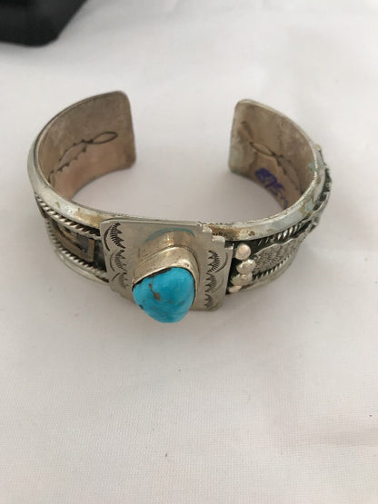 Blue Turquoise Navajo Sterling Silver Cuff Bracelet 12K Gold 08290
