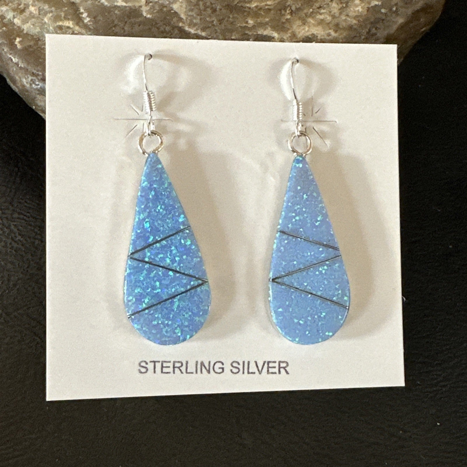 Blue Faux Opal Dangle Inlay Navajo Sterling Silver Earrings 19263