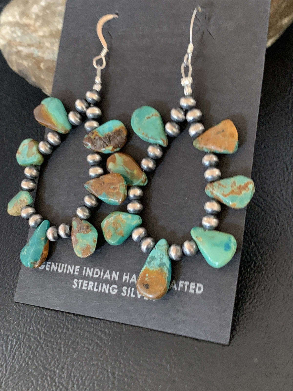 Navajo Green Cluster Turquoise Bead Sterling Earrings Native American 13371