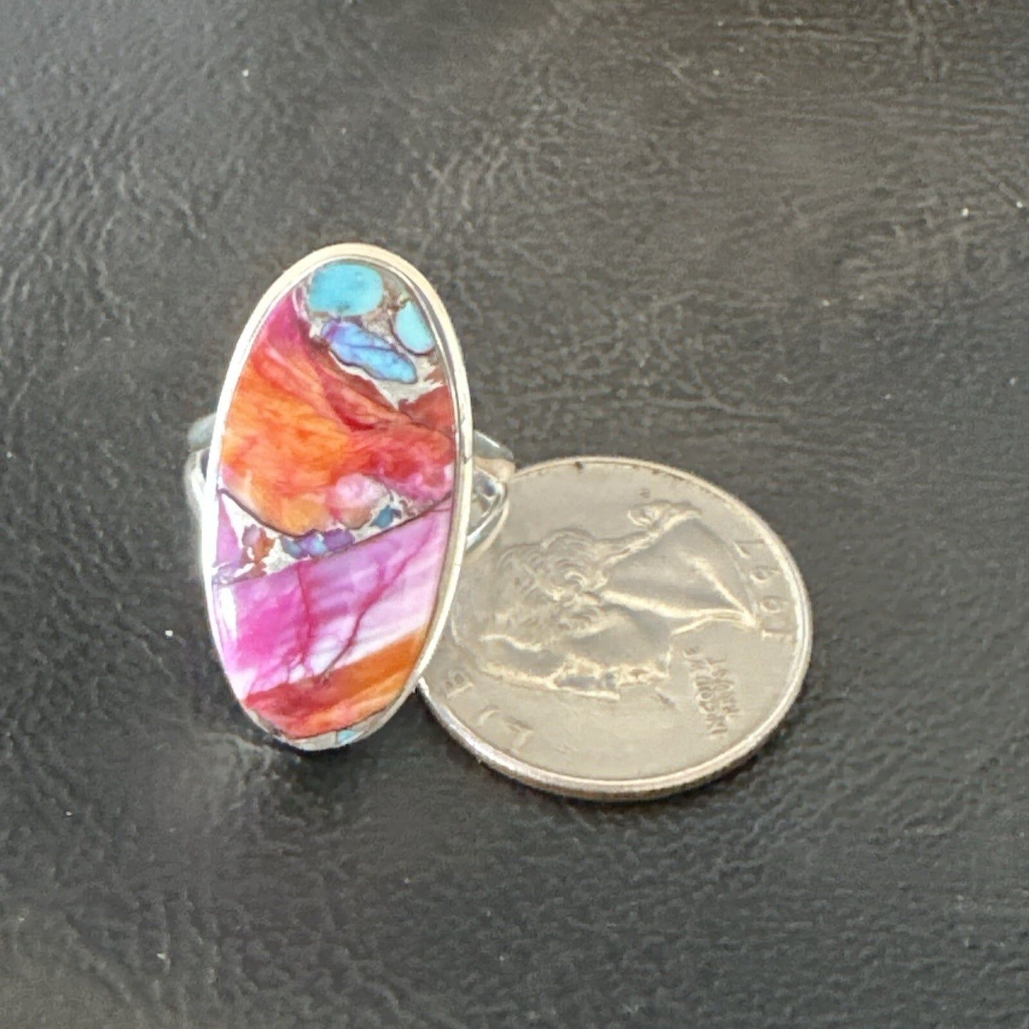 Blue Turquoise Spiny Oyster Southwestern Sterling Silver Ring Size 7 18494