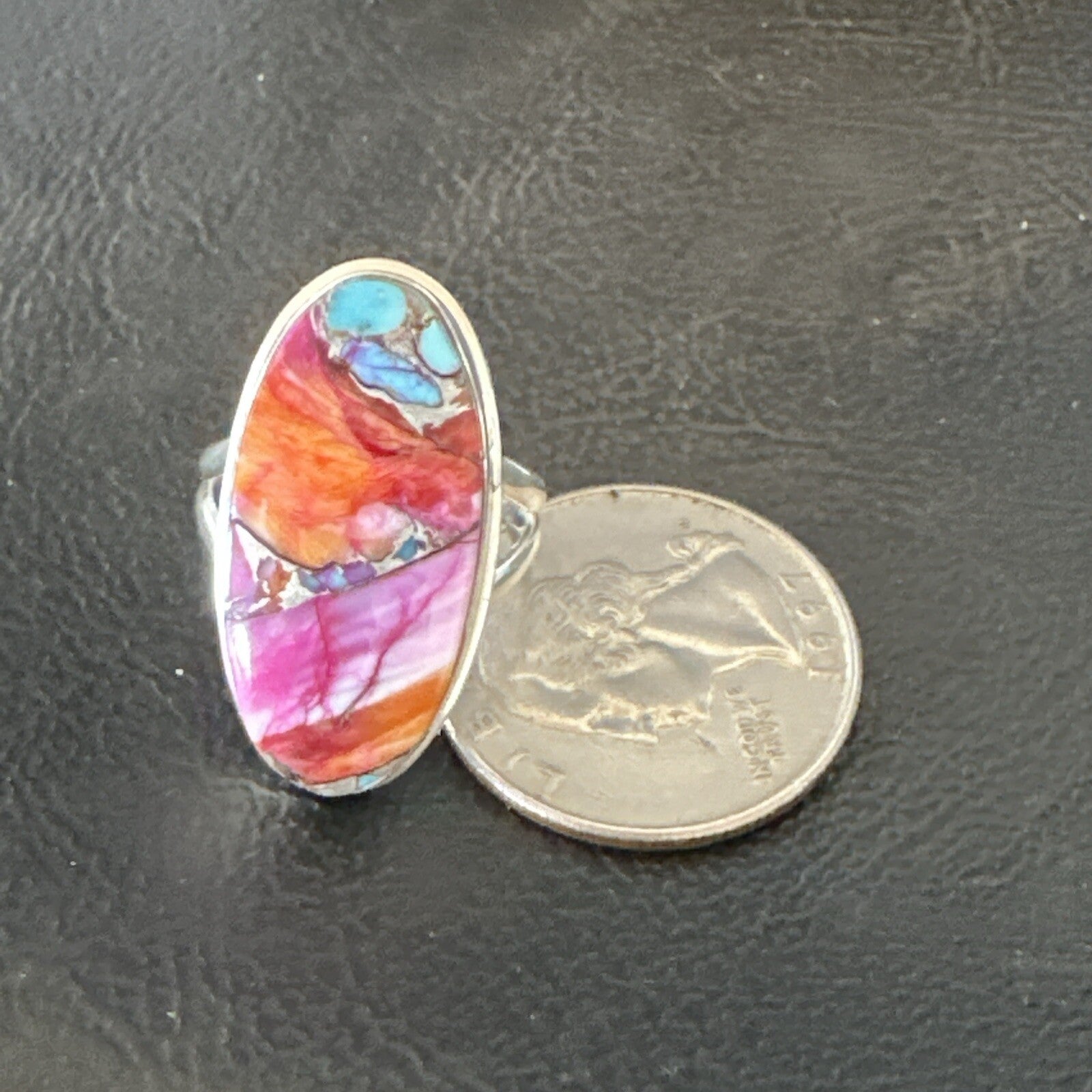 Blue Turquoise Spiny Oyster Southwestern Sterling Silver Ring Size 7 18494