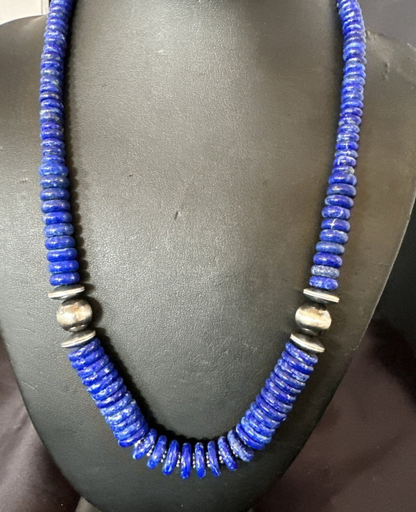 Men's Women's Blue Lapis Lazuli 6-12mm Navajo 21"Necklace | Sterling Silver | Authentic Native American Handmade | 17885