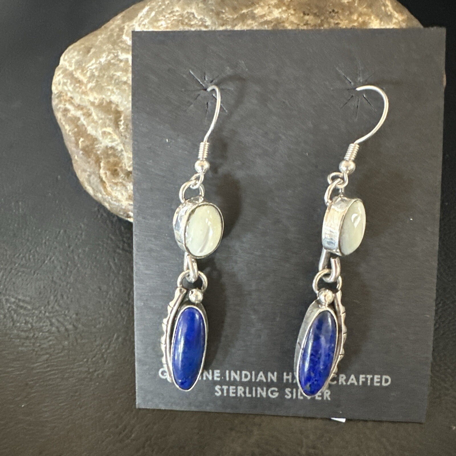 Navajo White MOP Blue Lapis Sterling Silver Dangle Earrings 18183