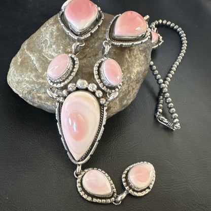 Pink Queen Conch Lariat Necklace Navajo Sterling Silver Pendant 28" 19334
