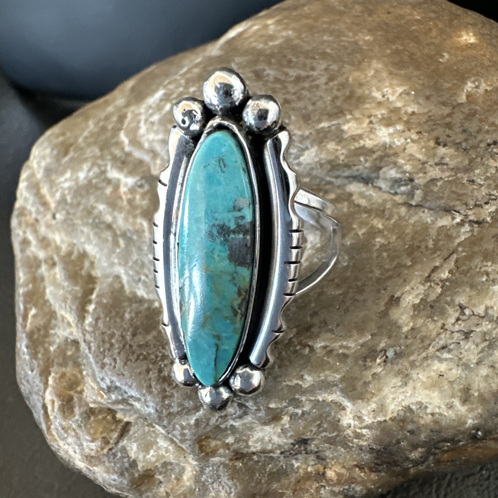 Blue Kingman Turquoise Native American Navajo Sterling Silver Ring Size 7 18629