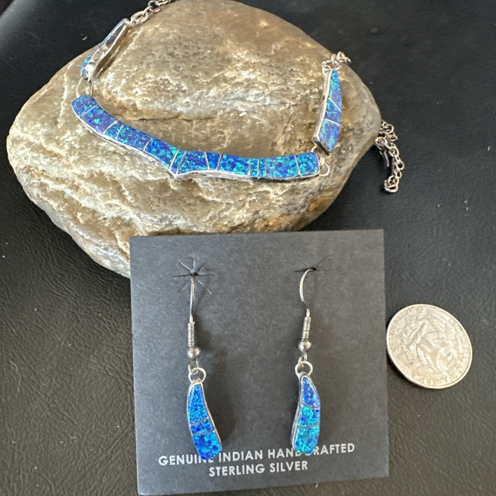 Old Pawn Blue Opal Necklace Inlay Navajo Sterling Silver 16" Earrings 19125