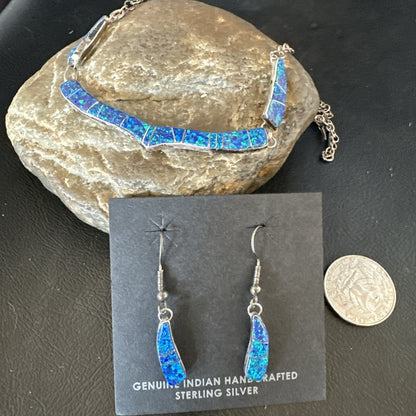 Old Pawn Blue Opal Necklace Inlay Navajo Sterling Silver 16" Earrings 19125