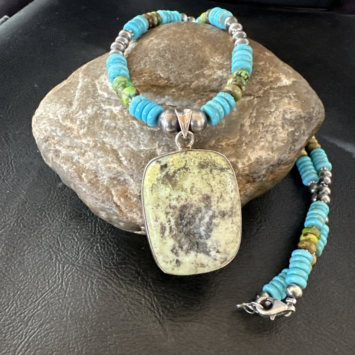 Green Gaspeite Pendant Blue Turquoise Navajo Sterling Silver Necklace 20" 19672