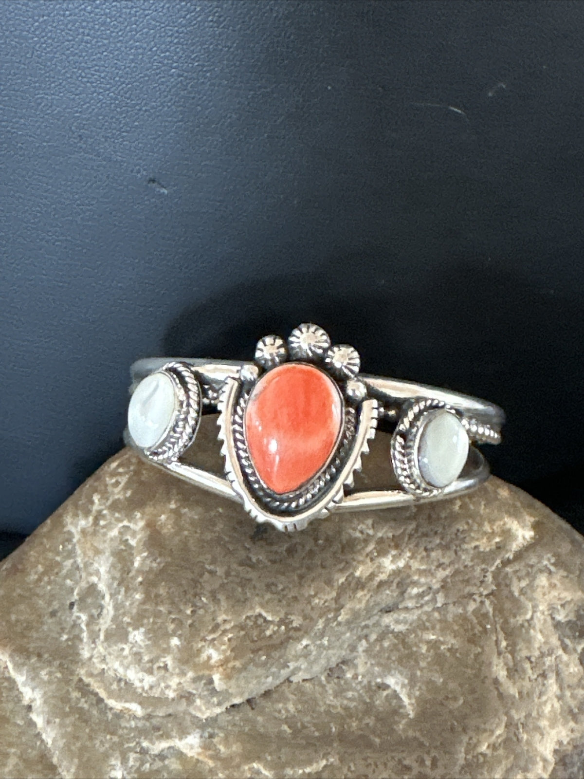 Red Spiny Oyster White MOP Navajo Sterling Silver Cuff Bracelet 17705