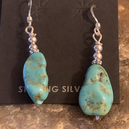 Blue Turquoise Nugget Sterling Silver Beads Navajo Earrings 1" 12892