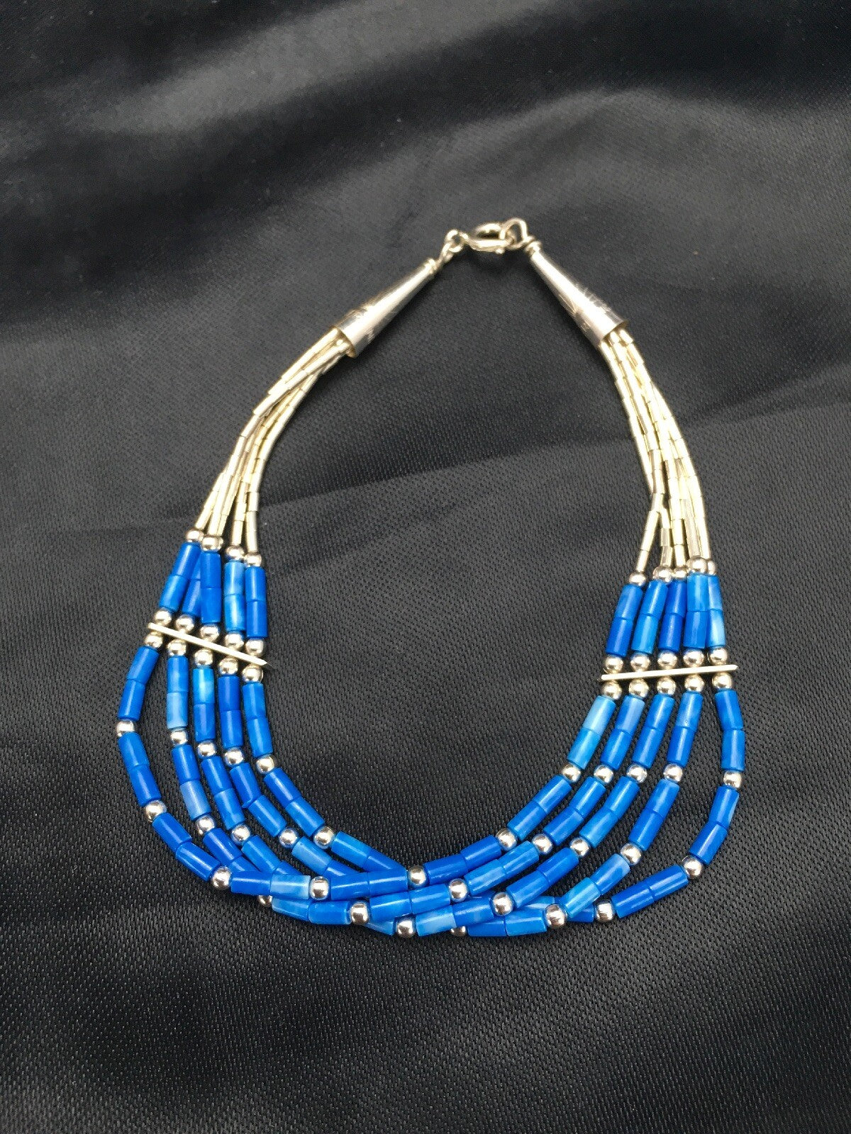 Blue Lapis Heishi 5 Strand Southwestern Liquid Sterling Silver Bracelet 7" 02935