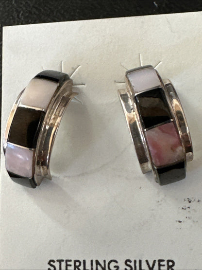 Pink Queen Conch Black Onyx Sterling Silver Post  Inlay Hoop Earrings 19819