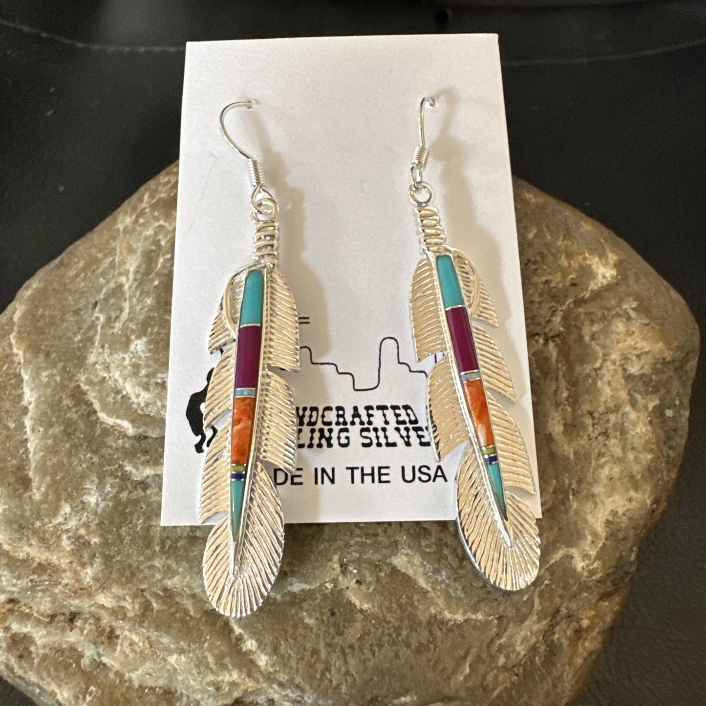 Multicolor Turquoise Sterling Silver Handmade Inlay Feather Earrings 18698