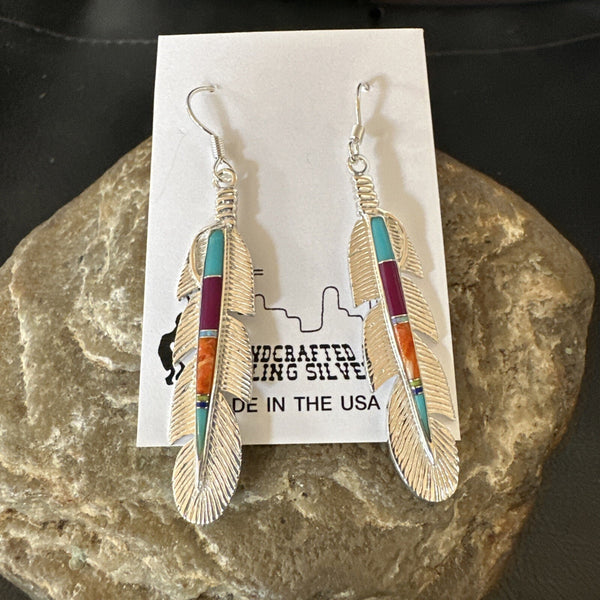 Multicolor Turquoise Handmade Inlay Feather Earrings | Sterling Silver | Authentic Native American Handmade | 18698