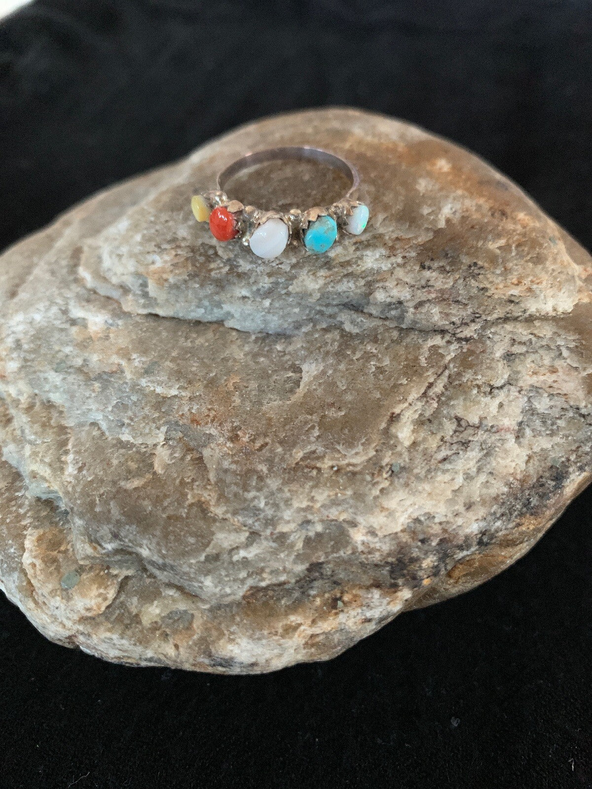 Opal Coral & Turquoise Zuni Sterling Silver Ring Size 6.5 8838