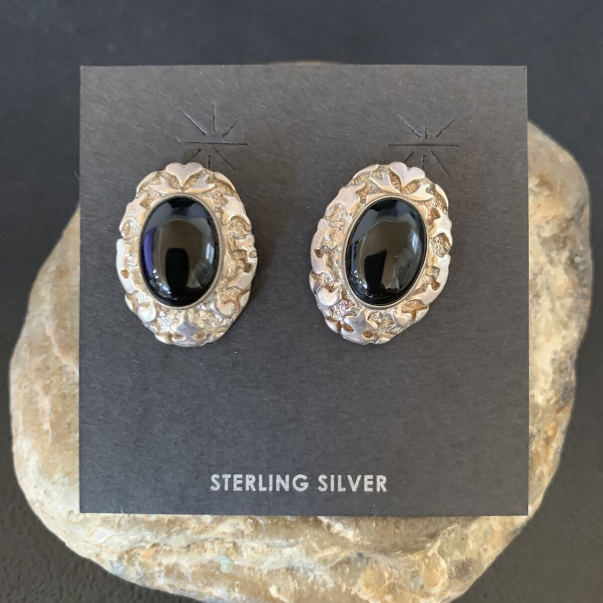 Native American Womens Nugget Sterling Silver Black Onyx Earrings 1" 13047