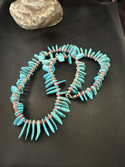 Large Blue Turquoise Red Spiny Navajo Pearls Sterling Silver Necklace 21" 19319