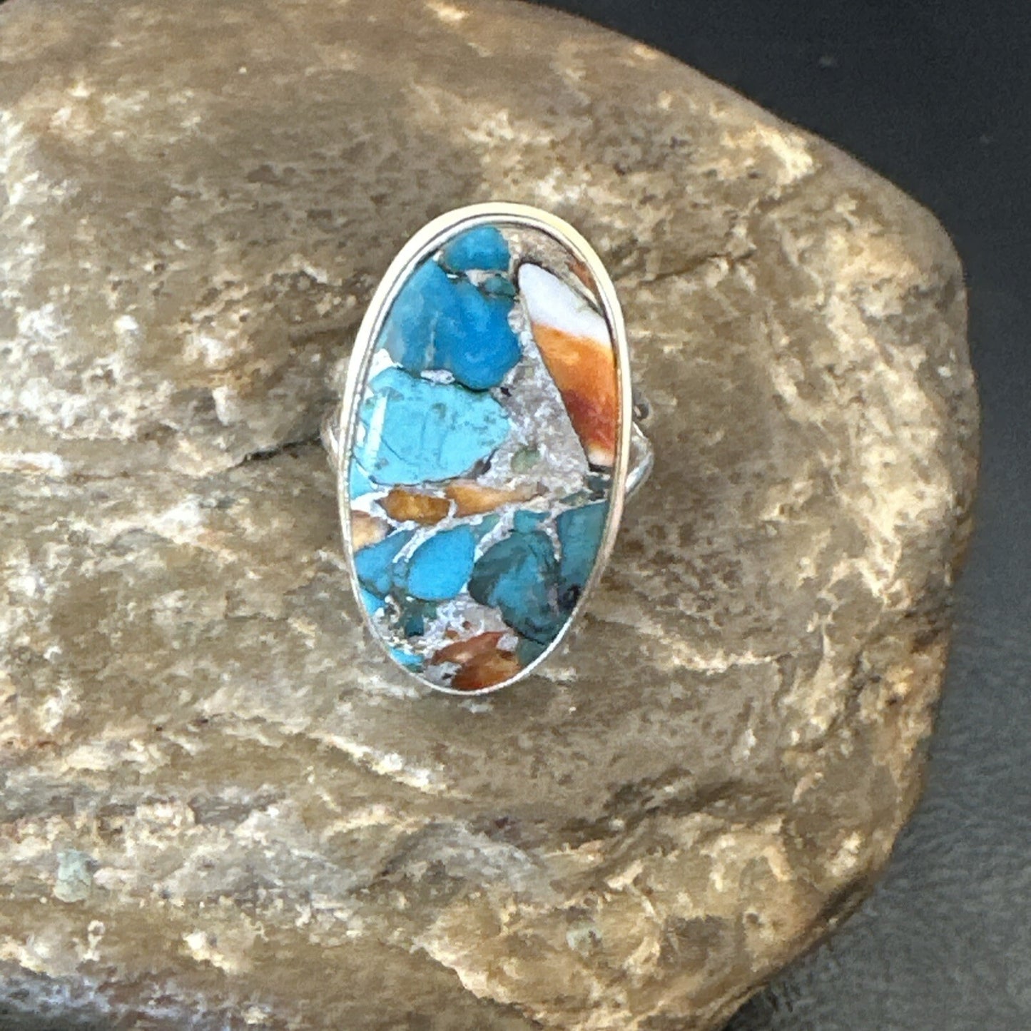 Blue Turquoise Spiny Oyster Southwestern Sterling Silver Ring Size 7 18444