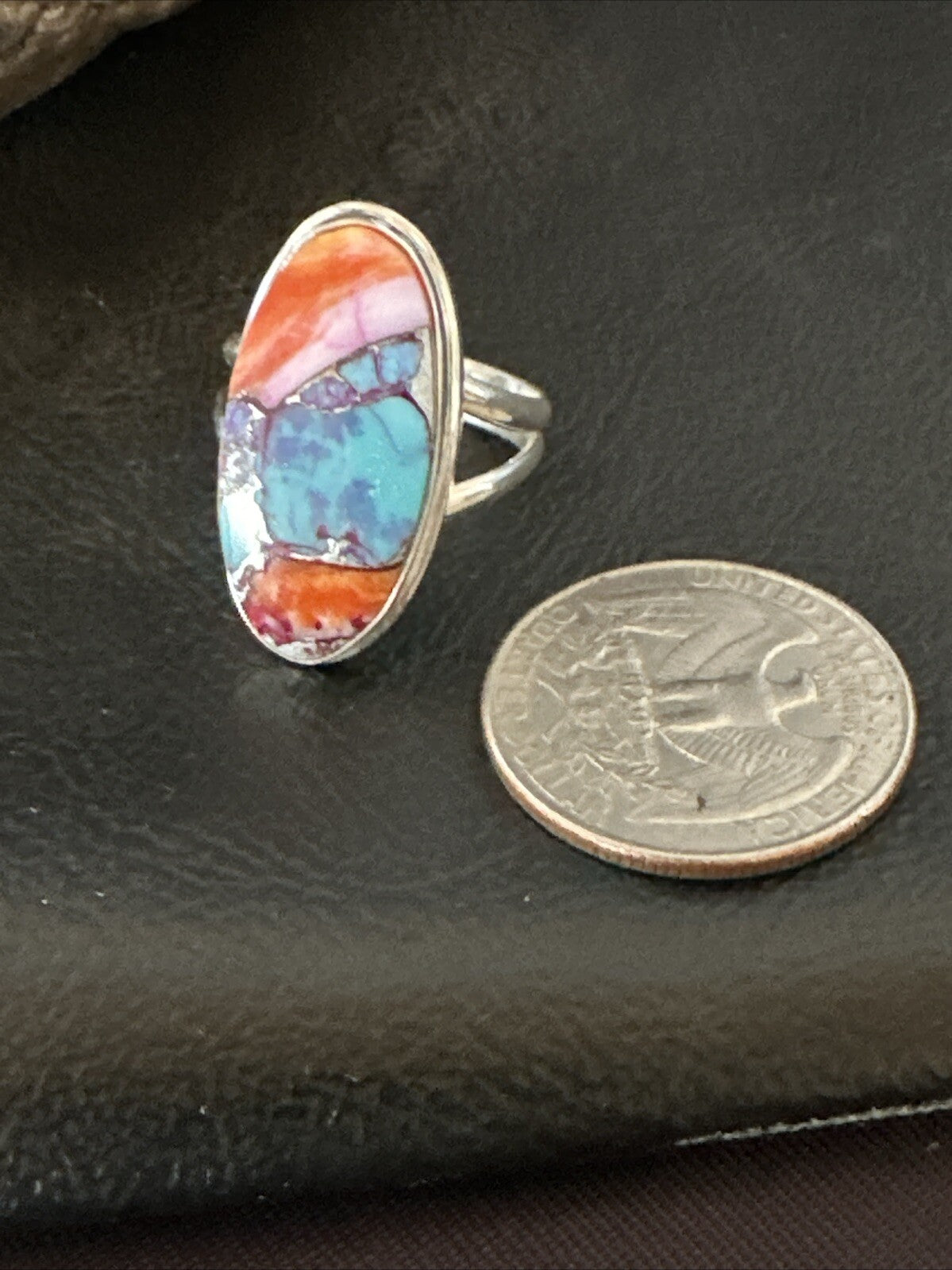 Blue Turquoise Spiny Oyster Southwestern Sterling Silver Ring Size 8 18437