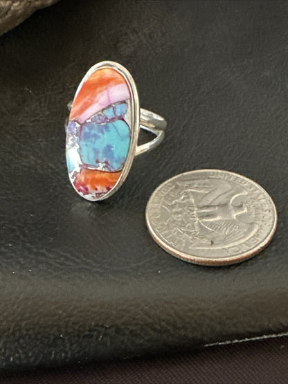 Blue Turquoise Spiny Oyster Southwestern Sterling Silver Ring Size 8 18437