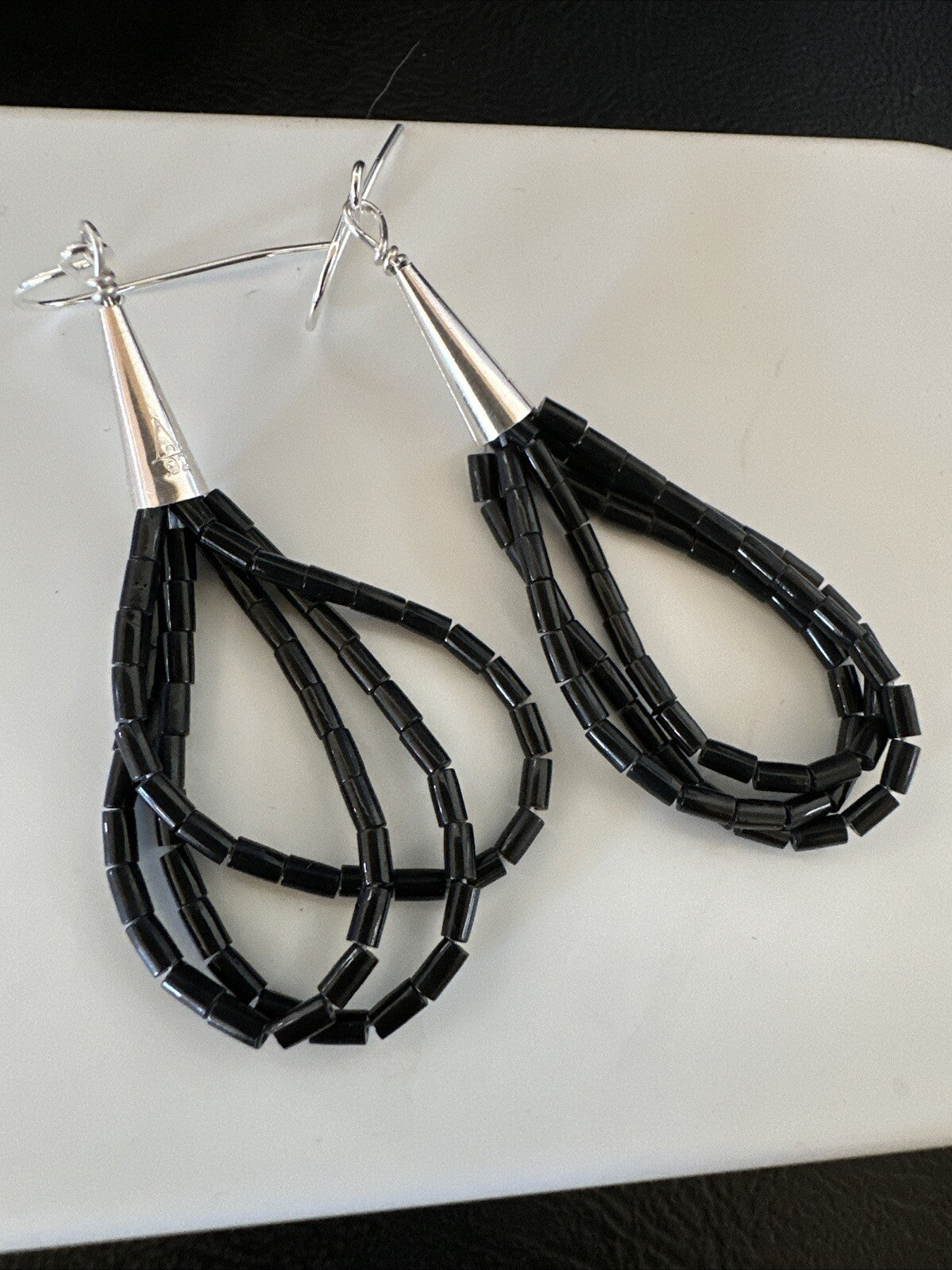 Black Onyx Heishi 3S Bead Southwestern Sterling Silver Earrings 2" 18197
