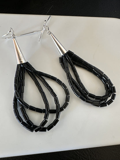 Black Onyx Heishi 3S Bead Southwestern Sterling Silver Earrings 2" 18197