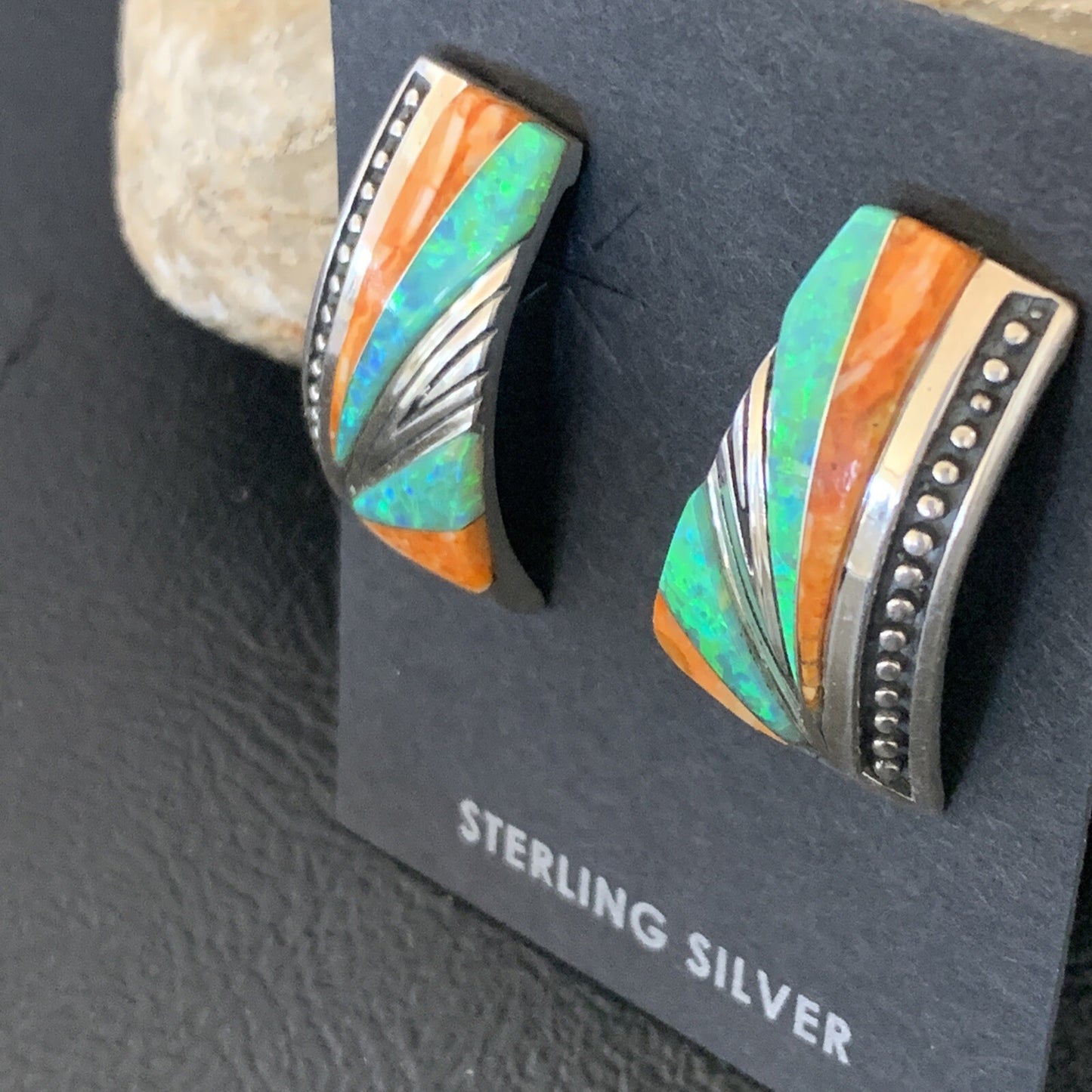 Navajo Blue Opal Oran Spiny Oyster Inlay Sterling Silver Earrings 12118