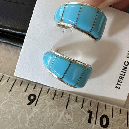 Southwestern Sterling Silver Blue Turquoise Stud Inlay Earrings 1” 19267
