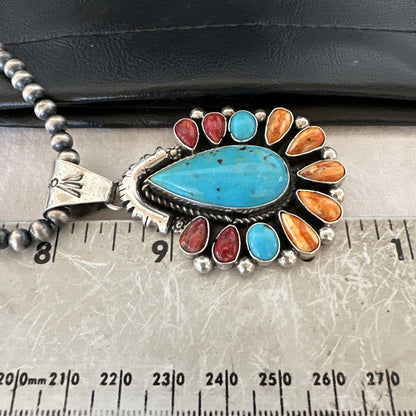 Multicolor Turquoise Spiny Navajo Sterling Silver Cluster Pendant Necklace 19561