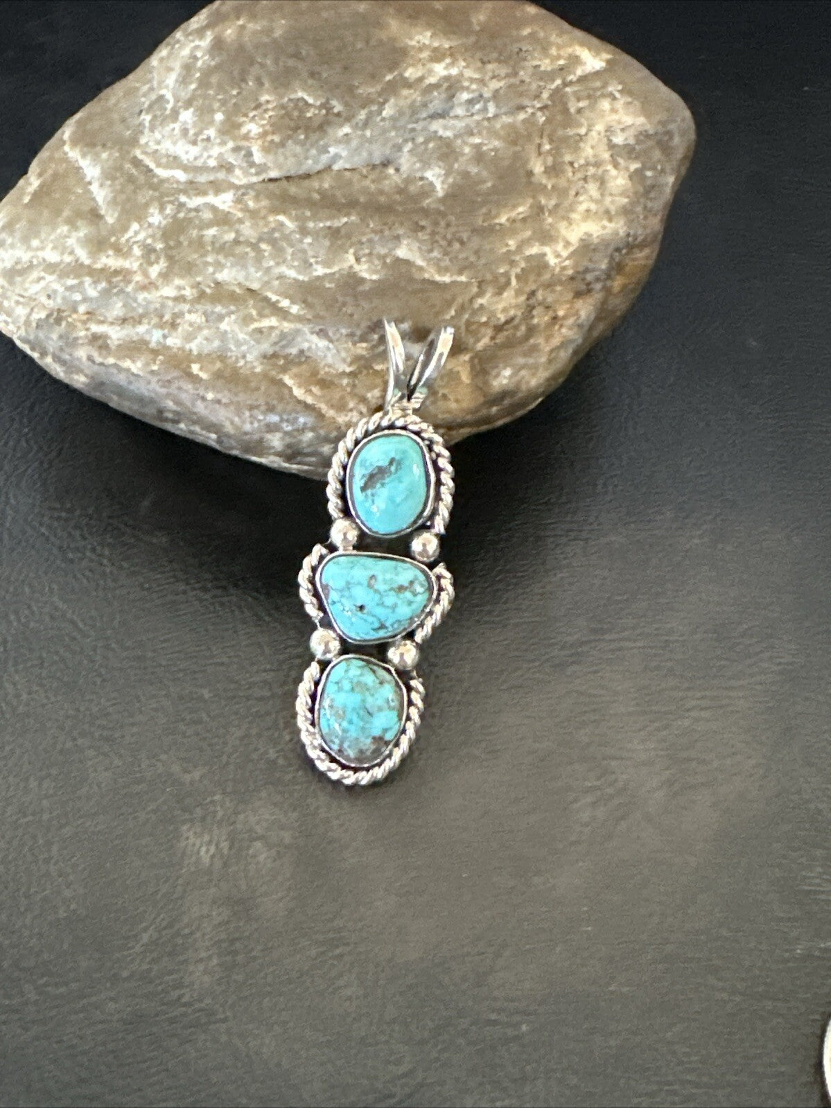 Blue Turquoise 3 Stone Navajo Sterling Silver Cluster Pendant Only 18312