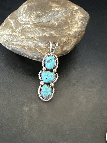 Blue Turquoise 3 Stone Navajo Sterling Silver Cluster Pendant Only 18312
