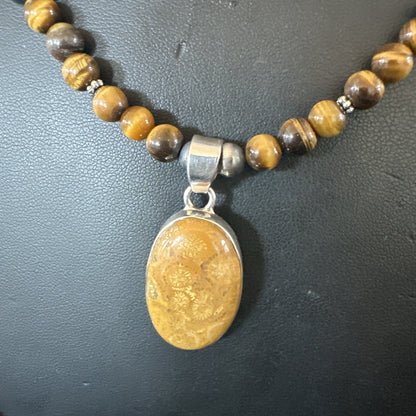 Coffee Brown Tigers Eye Sterling Silver Pendant Necklace Southwestern 18281