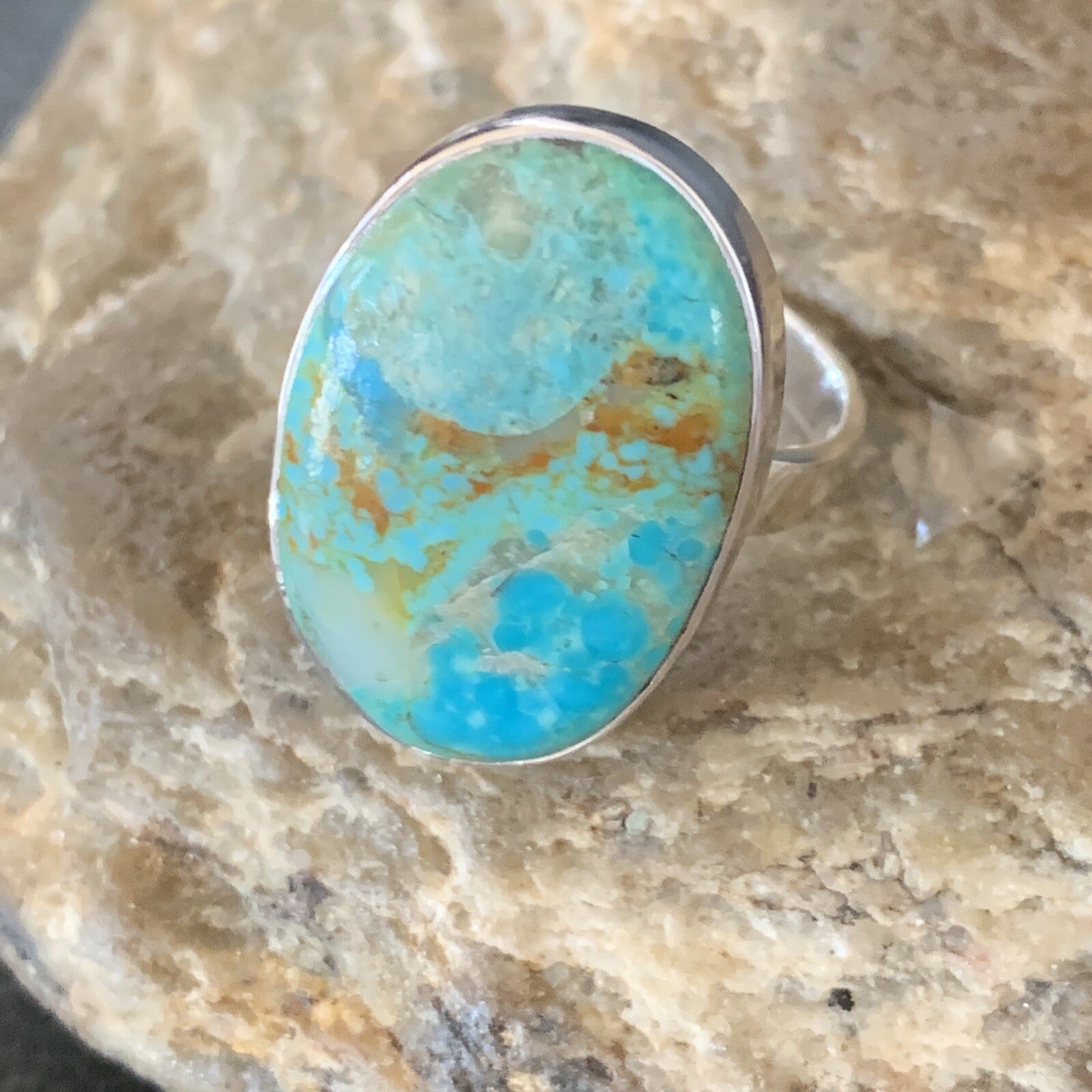 Blue Kingman Turquoise Oval Navajo Sterling Silver Ring Size 8 Adjustable 12800