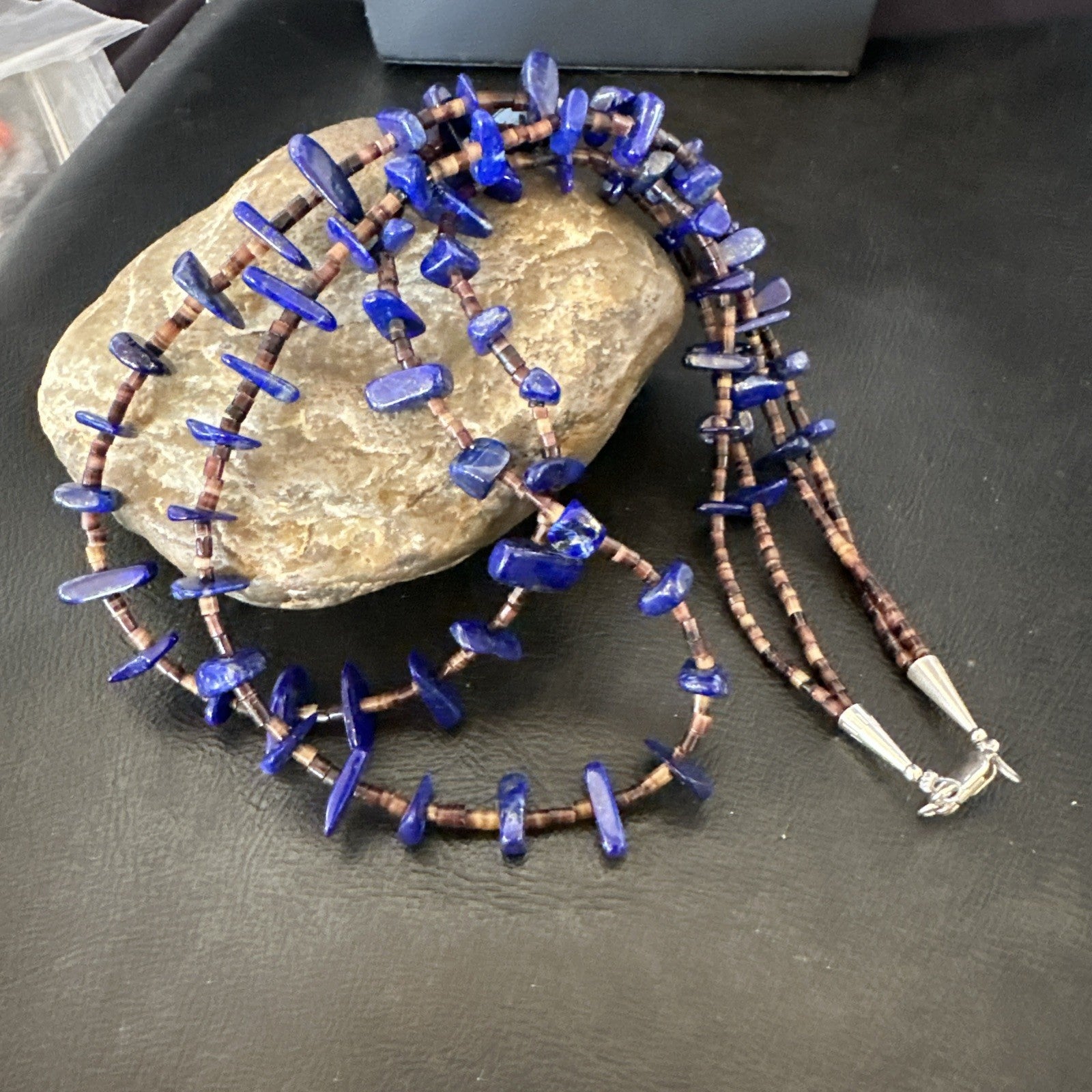 Blue Lapis Lazuli Shell Multi Strand Navajo Sterling Silver Necklace 21" 19722