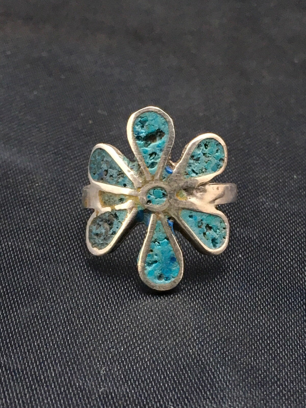 Navajo Blue Turquoise Flower Ring Sterling Silver 6.75 03076