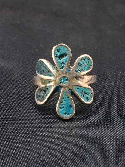 Navajo Blue Turquoise Flower Ring Sterling Silver 6.75 03076