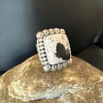 White Buffalo Turquoise Navajo Sterling Silver Ring Size 8 18775