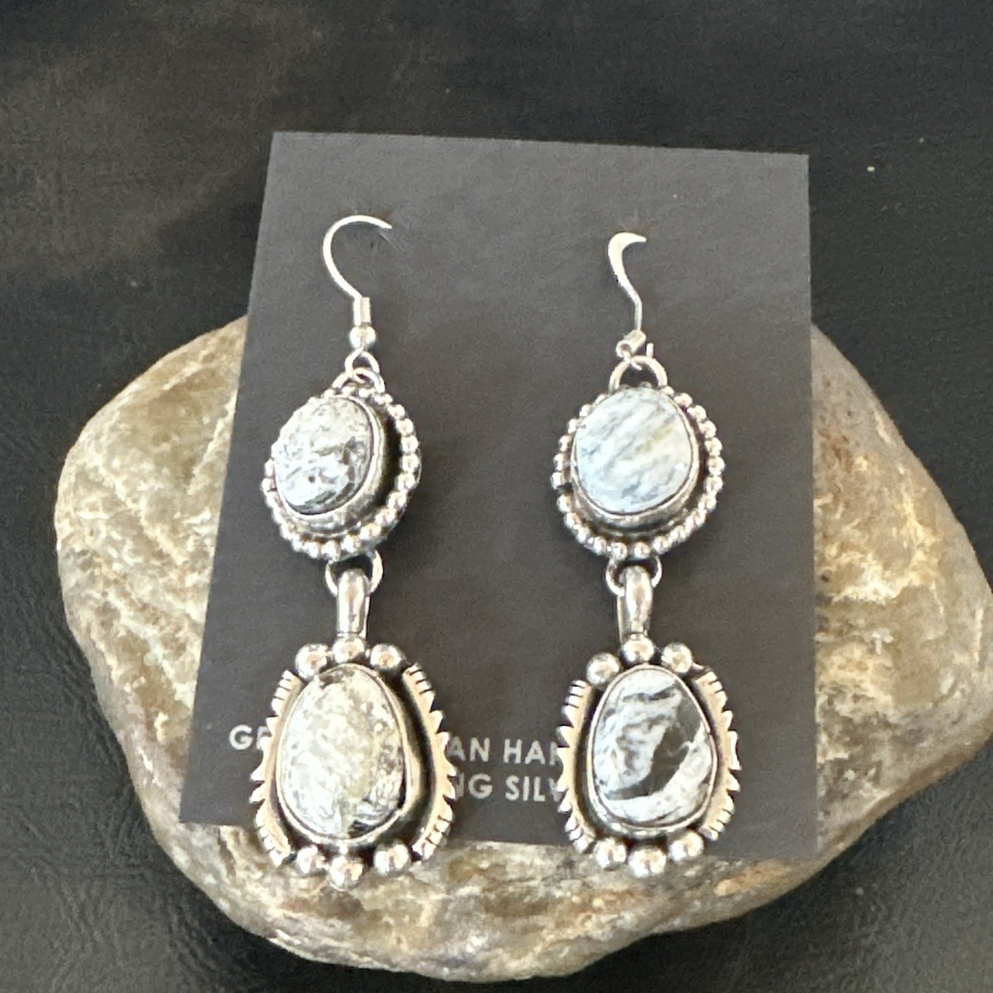 Womens Navajo White Buffalo Turquoise Sterling Silver Dangle Earrings 2" 19309