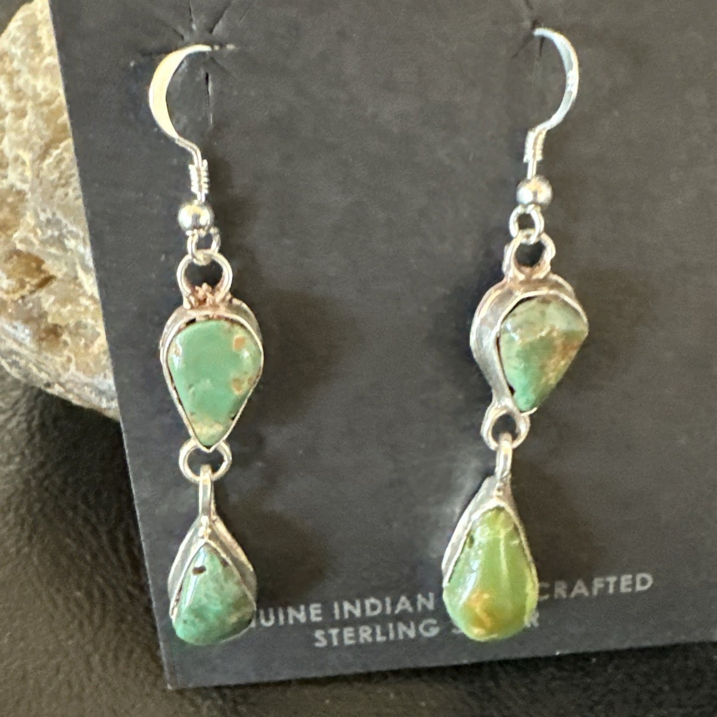 Green Royston Turquoise Navajo Sterling Silver Dangle Earrings 19414